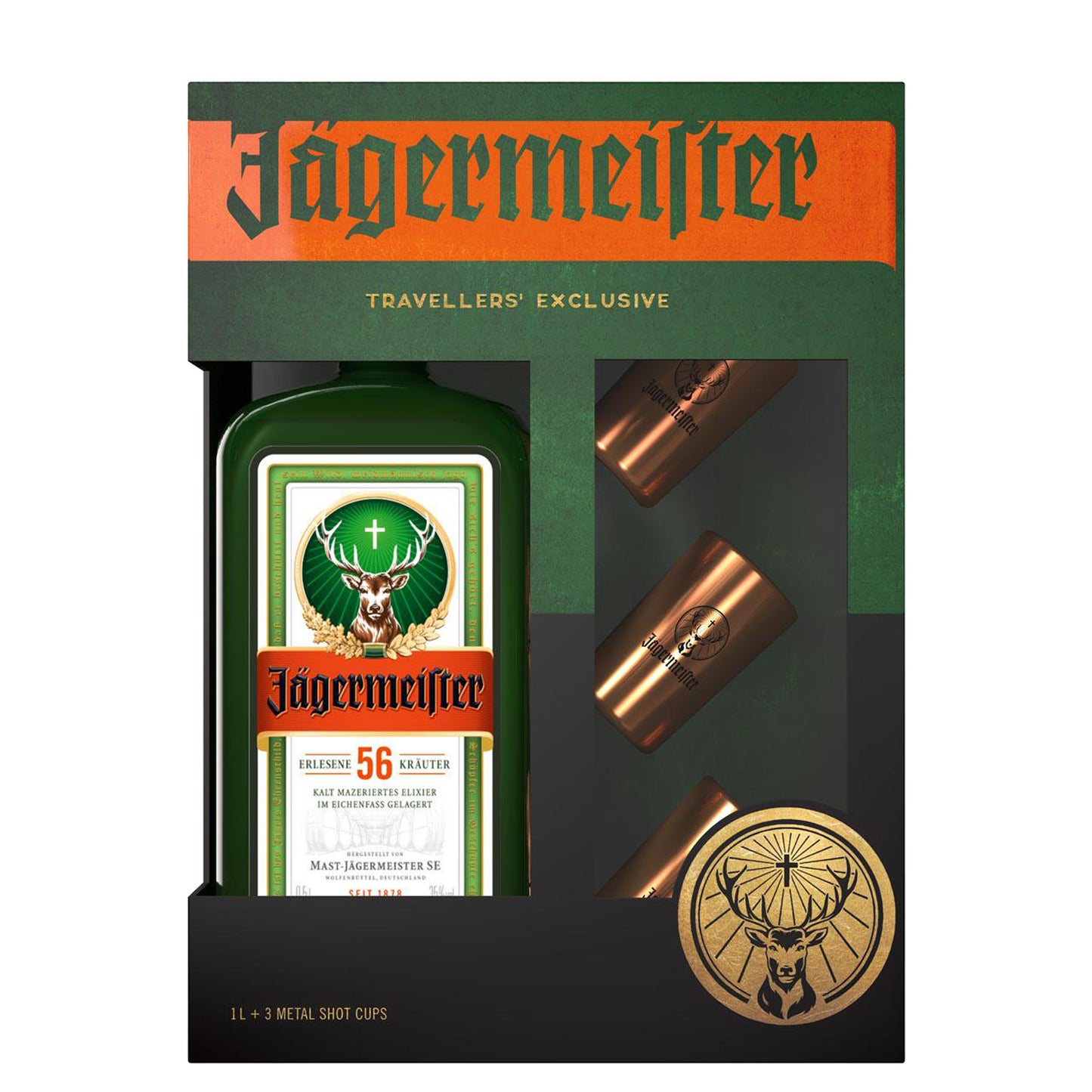 Jagermeister Herb Liqueur Travel Exclusive
GB W/3 Metal Shot Cups